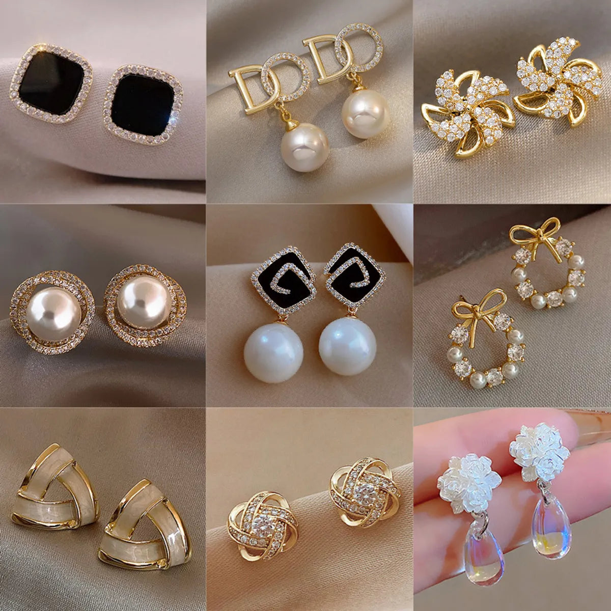 ladies earrings layered chic look -1 Pair Elegant Sweet Square Heart Shape Bow Knot Inlay Imitation Pearl Alloy Rhinestones Earrings