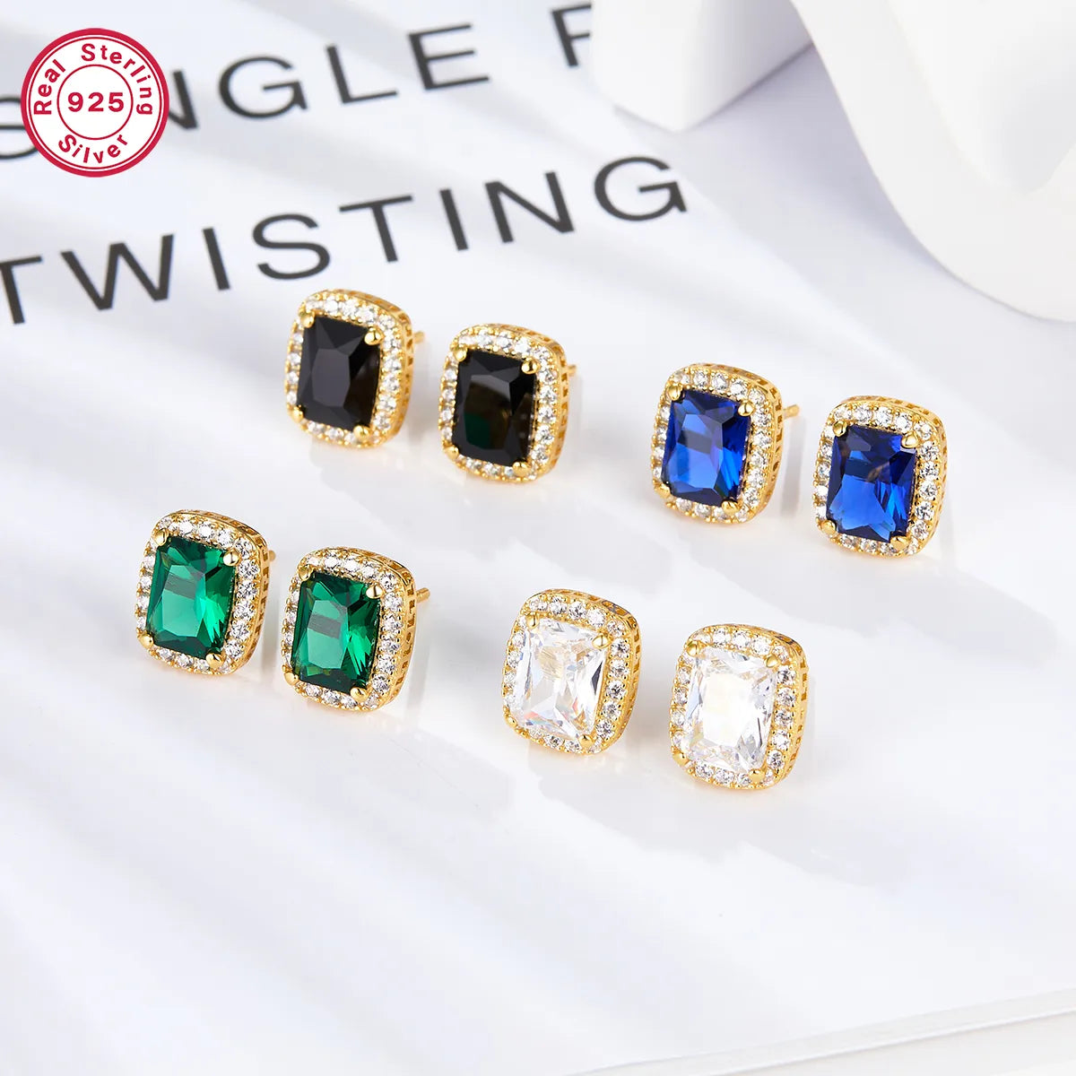 ladies earrings trendy minimalist vibe -1 Pair Elegant Rectangle Plating Inlay Sterling Silver Zircon Ear Studs