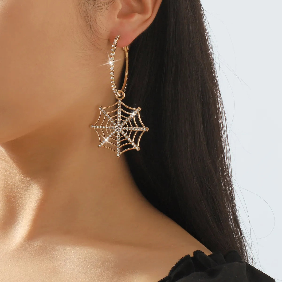 ladies earrings small hoop elegance -1 Pair Hip-hop Exaggerated Streetwear Spider Web Hollow Out Inlay Alloy Iron Rhinestones Drop Earrings