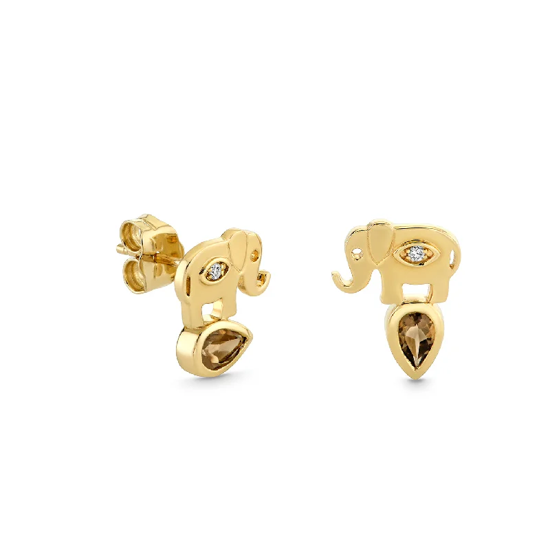 Gold & Diamond Elephant Pear Cut Quartz Stud