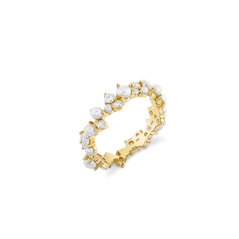 engagement rings stackable design -Gold & Diamond Pearl Cocktail Eternity Ring