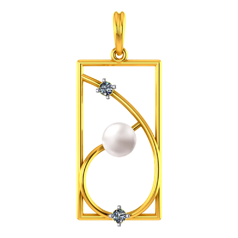 necklaces elegant gold tone -Rectangle Shaped Diamond Studded 18k Diamond Pendant With A Pearl Centre