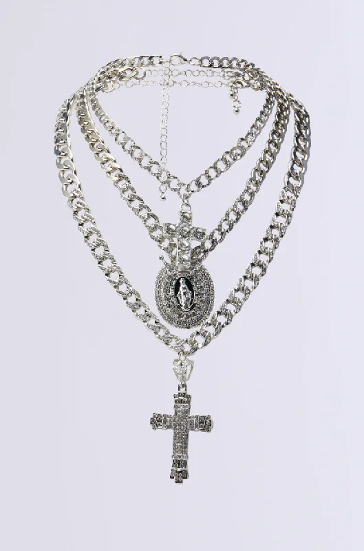 necklaces minimalist sleek design -HOLY WOMAN LAYERED RHINESTONE NECKLACE SET IN SILVER