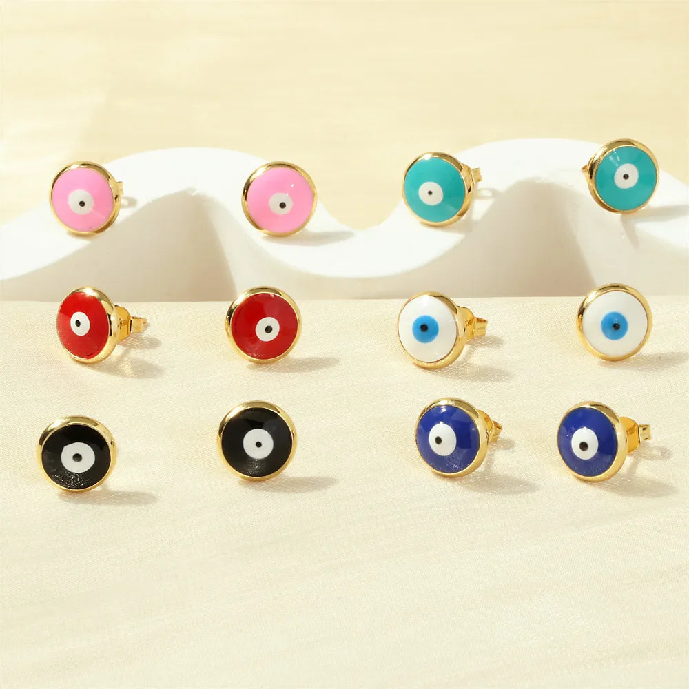 ladies earrings with turquoise stone -1 Pair Simple Style Eye Enamel Plating Copper 18k Gold Plated Ear Studs