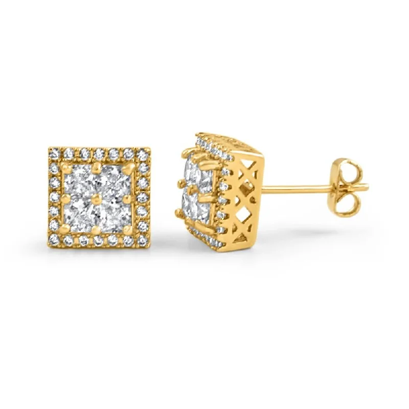 ladies earrings for wedding elegance -Princess Cut Square Cluster Gold CZ Hip Hop Earrings