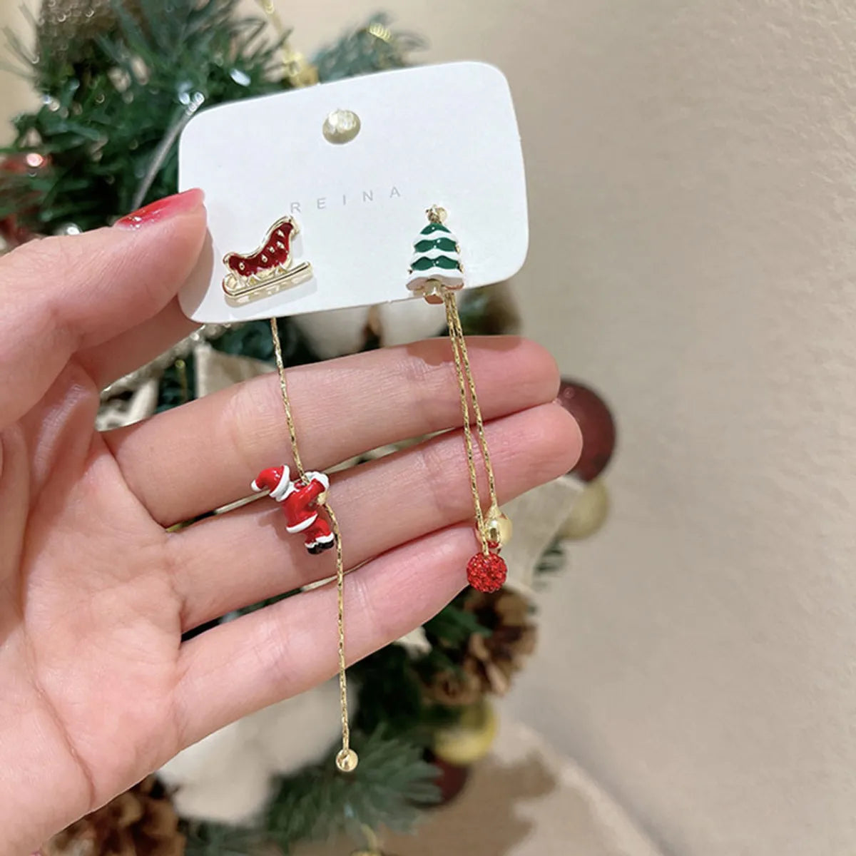 ladies earrings hypoallergenic metal -Wholesale Jewelry Cartoon Style Lady Christmas Tree Santa Claus Alloy Enamel Drop Earrings