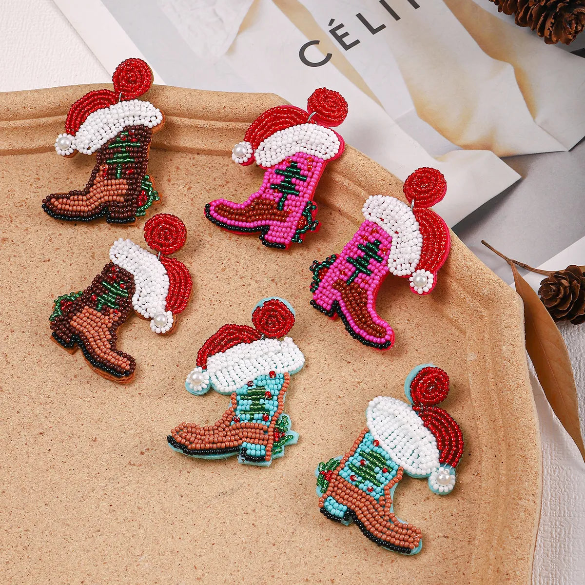 ladies earrings rose gold finish -Simple Style Christmas Hat Christmas Socks Boots Beaded Alloy Handmade Women'S Drop Earrings 1 Pair