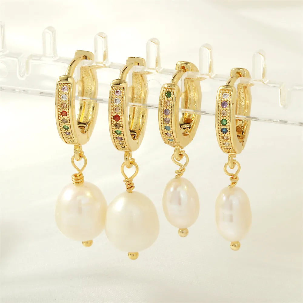 ladies earrings small hoop elegance -1 Pair Retro Simple Style Irregular Plating Inlay Freshwater Pearl Copper Zircon 18k Gold Plated Drop Earrings