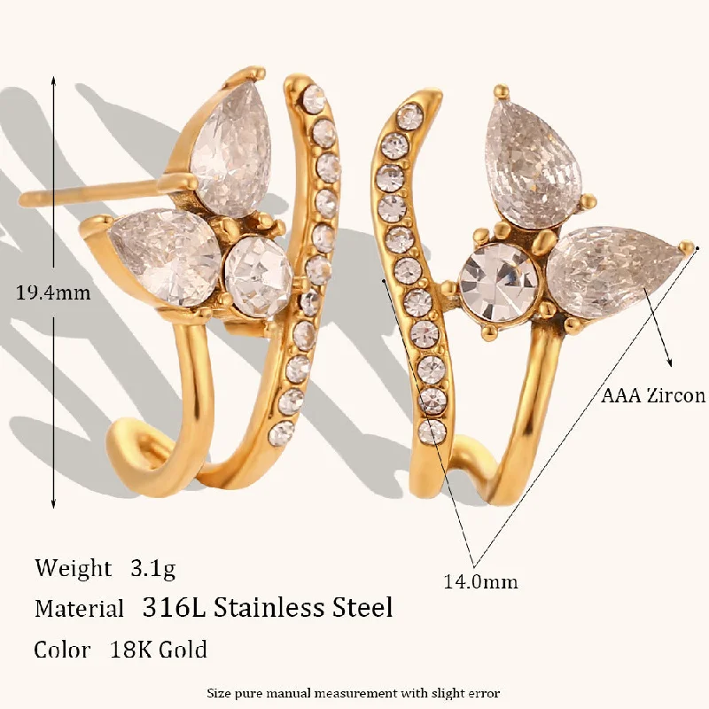 Zircon Flower Line Ear Clip Ear Studs-Gold-Nx151 White Diamond