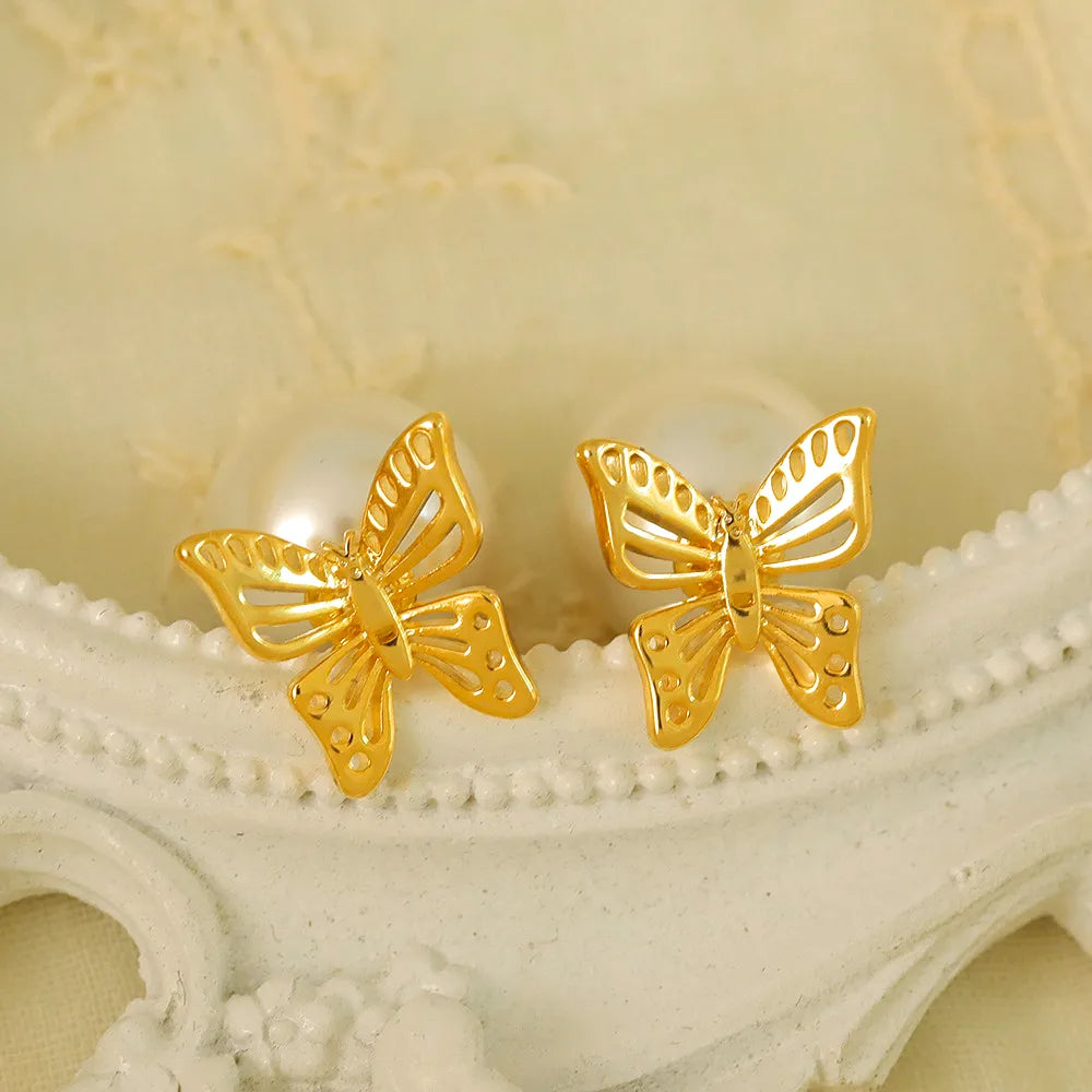 ladies earrings for holiday gift -1 Pair Princess French Style Sweet Butterfly Hollow Out Inlay Copper Pearl 14K Gold Plated Ear Studs