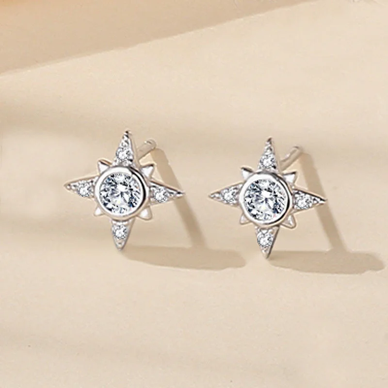 Four-Corner Asterism Ear Studs White Gold Color