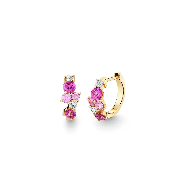 Gold & Diamond Pink Sapphire Cocktail Huggie Hoops