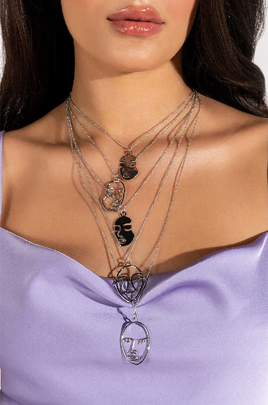 necklaces layered trendy look -FACE IT SILVER NECKLACE SET