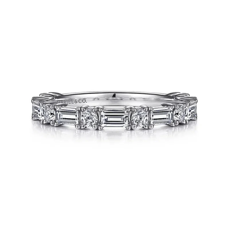 engagement rings with sapphire accent -Aggie - 14K White Gold Baguette and Round Diamond Anniversary Band - 0.99 ct