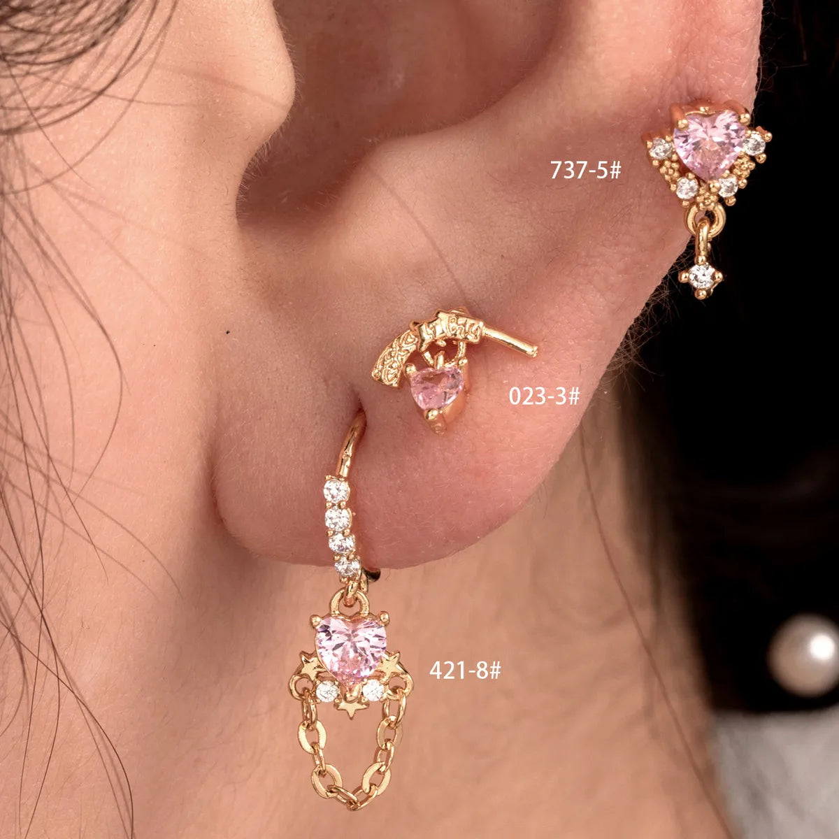 ladies earrings with zircon sparkle -1 Piece Casual French Style Korean Style Pistol Heart Shape Chain Inlay Copper Zircon Ear Studs