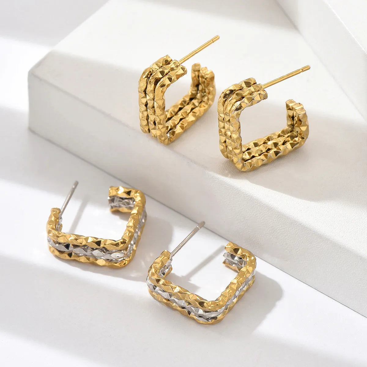 ladies earrings with diamond studs -1 Pair Modern Style Pastoral Geometric Braid Stainless Steel 18K Gold Plated Ear Studs