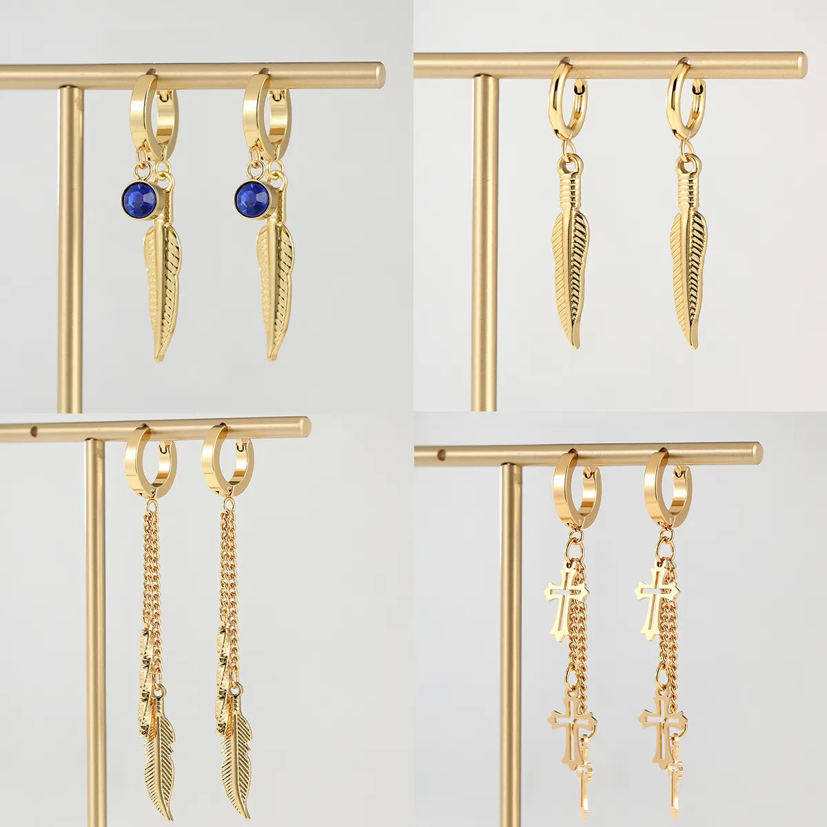 ladies earrings with rose quartz -1 Pair Elegant Cross Feather Plating Stainless Steel Tassel 18k Gold Plated Dangling Earrings