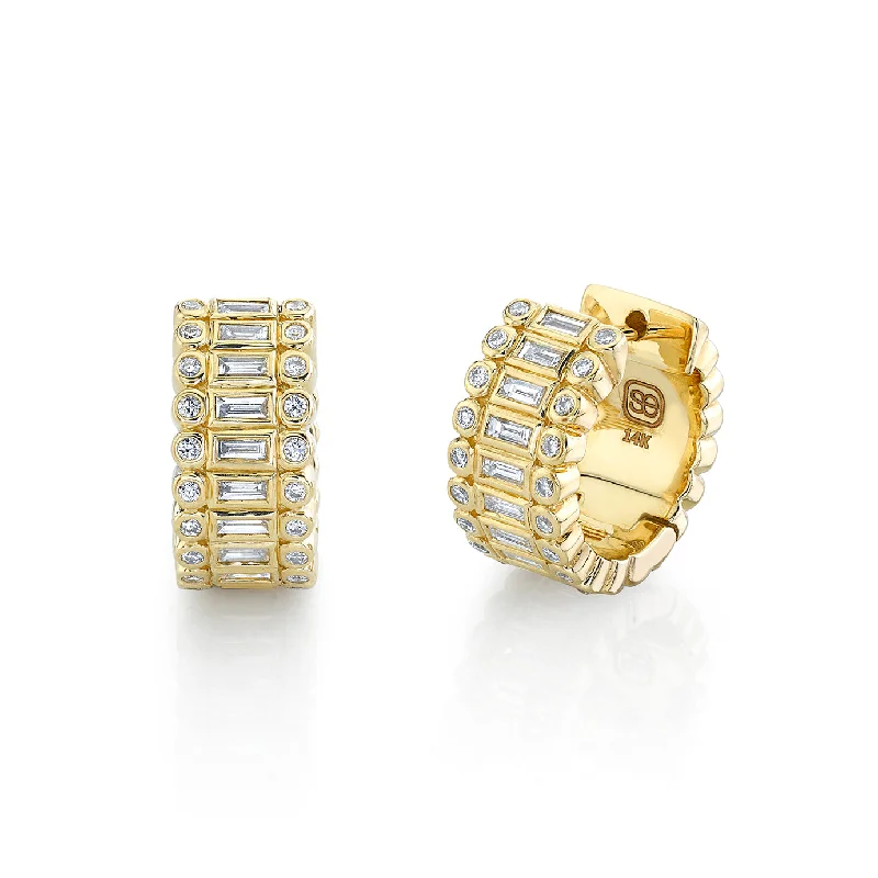 Gold & Diamond Stacked Baguette & Round Bezel Hoops