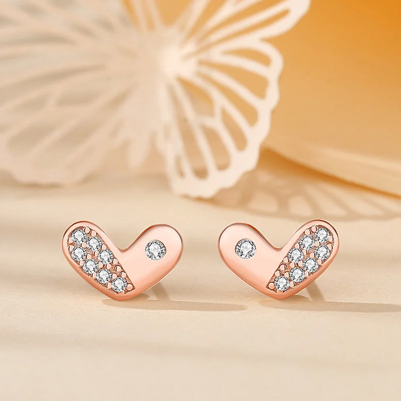 Micro-Inlaid Love Heart Stud Earrings Rose Gold