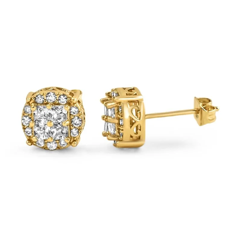 ladies earrings silver drop style -Princess Cut Round Cluster Gold CZ Hip Hop Earrings