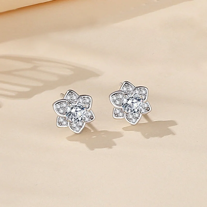 Six Leaves Cherry Blossom Ear Studs White Gold Color