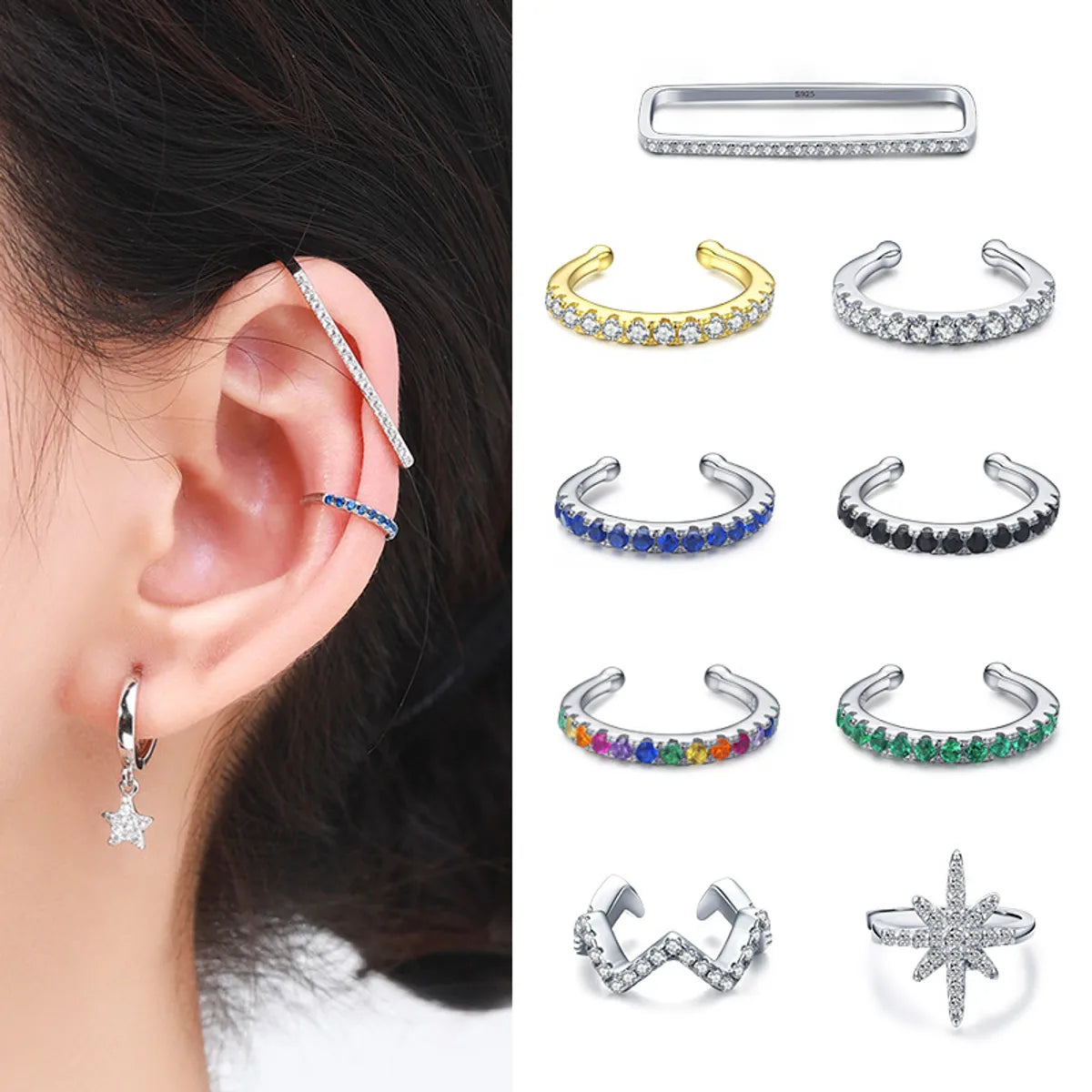 ladies earrings with feather charm -Fashion Star Sterling Silver Inlay Zircon Ear Studs 1 Piece