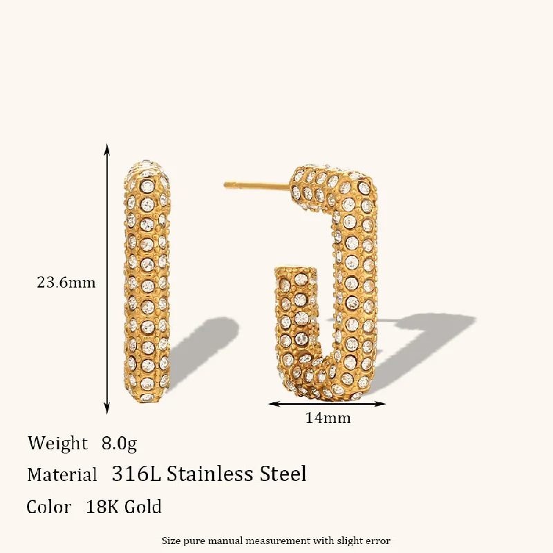 Full Zirconium Open Rectangular Earrings-Golden White