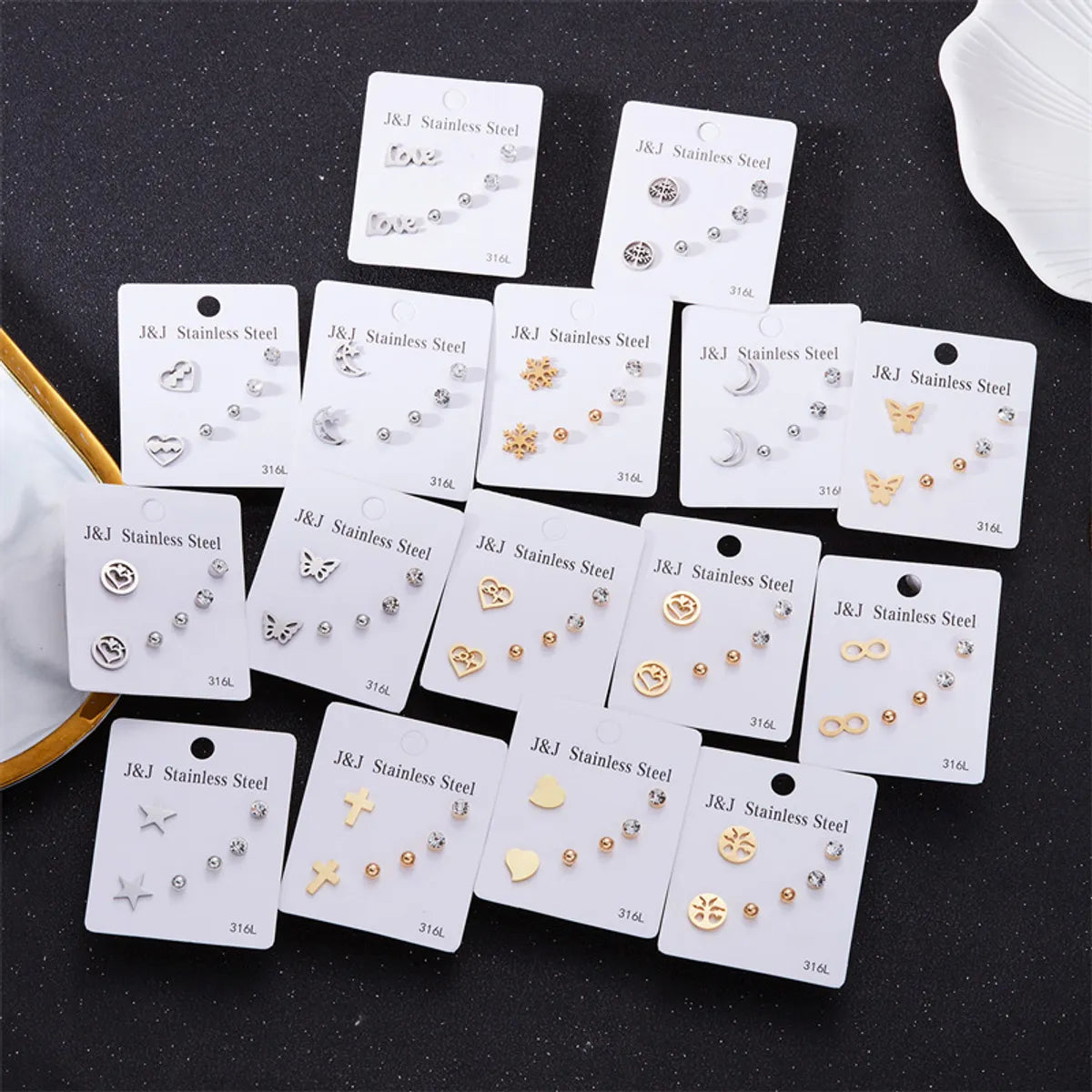 ladies earrings with shell detail -Wholesale Jewelry Simple Style Star Tree Heart Shape Stainless Steel Alloy Rhinestones Plating Inlay Ear Studs