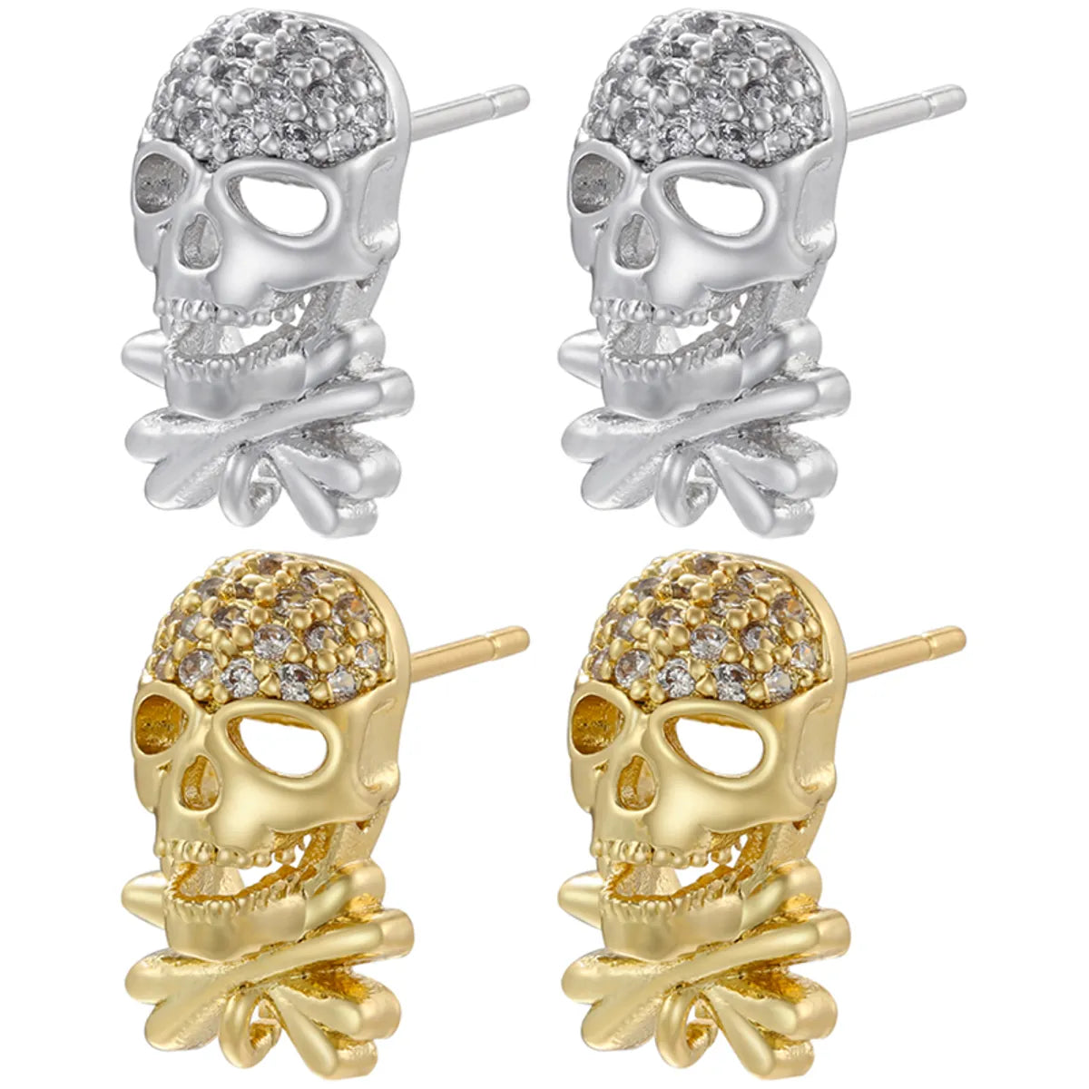 ladies earrings geometric pattern -1 Pair Punk Skull Copper Plating Hollow Out Inlay Zircon 18k Gold Plated Ear Studs