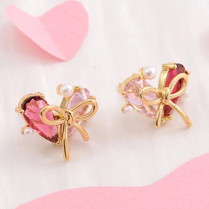 ladies earrings for fashion lovers -1 Pair Cute Fashion Sweet Heart Shape Bow Knot Plating Inlay Copper Zircon 14k Gold Plated Ear Studs