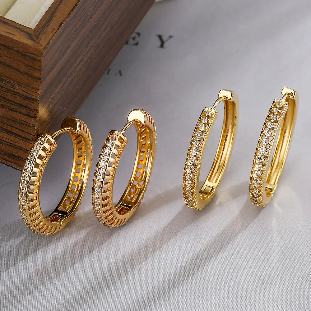 ladies earrings for bold fashion -1 Pair Simple Style Round Plating Inlay Copper Zircon 18k Gold Plated Hoop Earrings