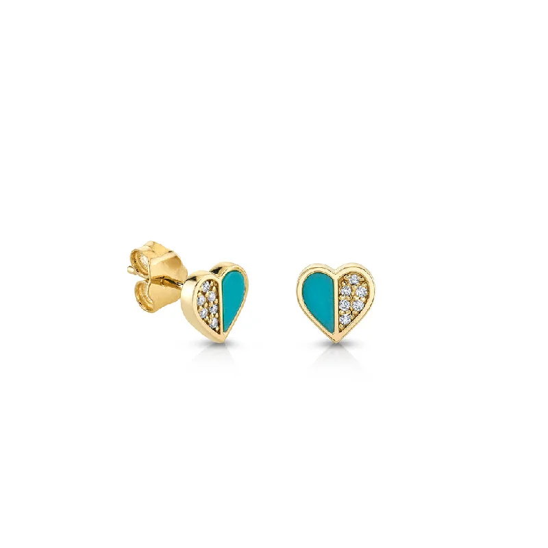 Gold & Diamond Heart With Stone Inlay Stud