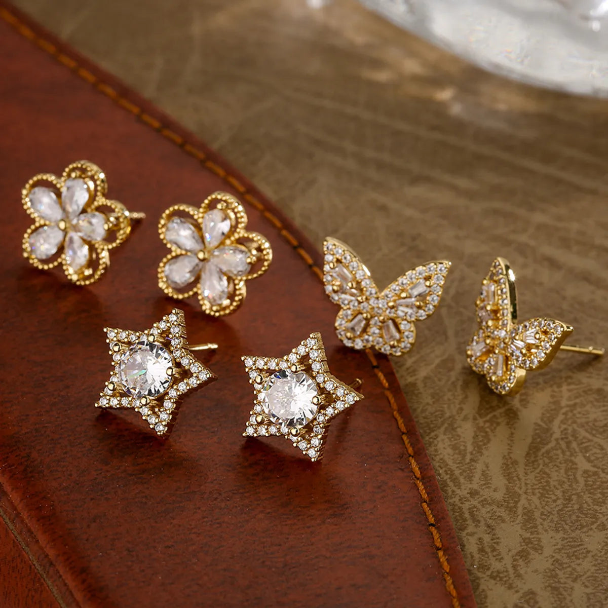 ladies earrings for daily wear -1 Pair Fashion Star Flower Butterfly Inlay Copper Zircon 18k Gold Plated Ear Studs