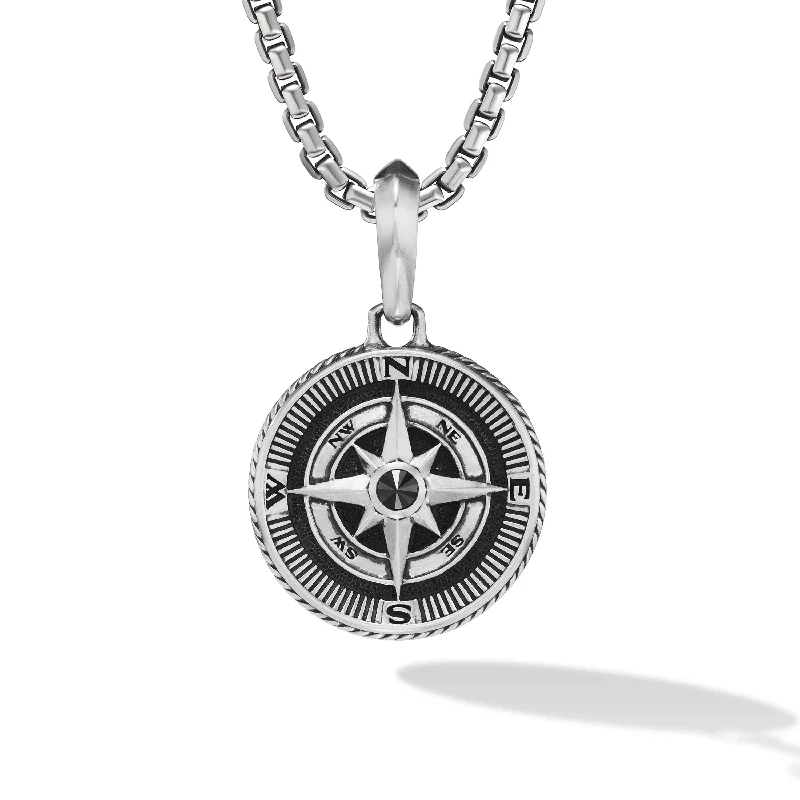 Maritime® Compass Amulet in Sterling Silver with Center Black Diamond\, 29.5mm