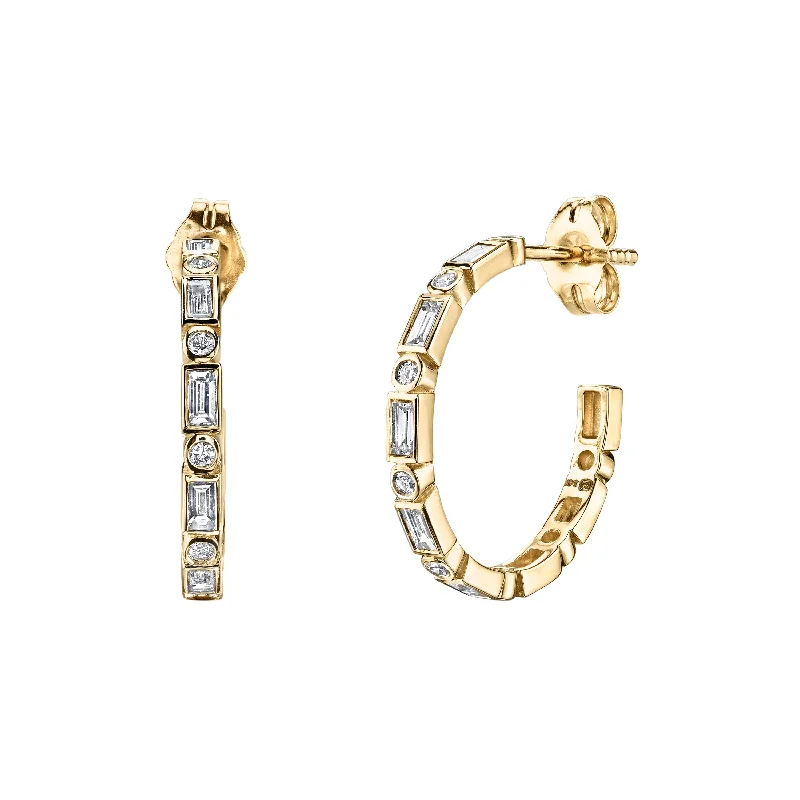 Gold & Diamond Baguette and Round Bezel Medium Hoops