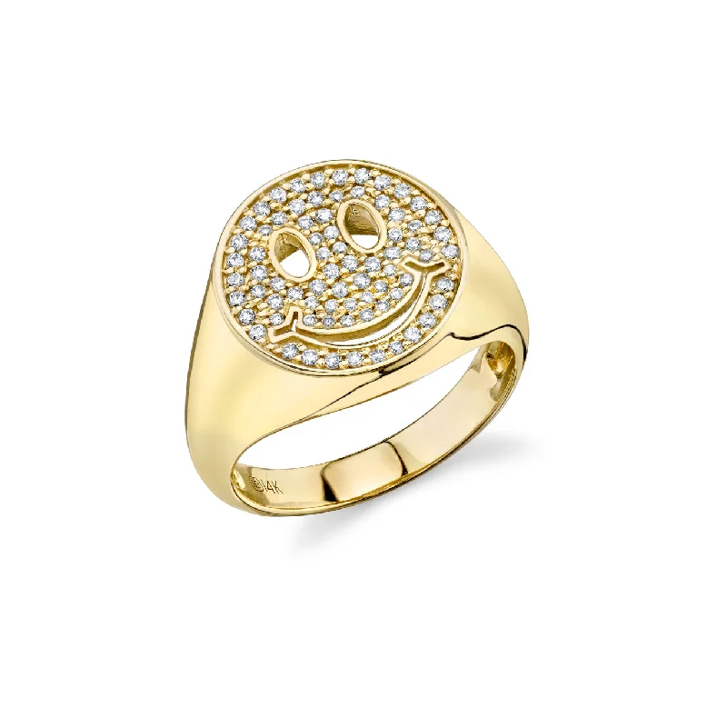 engagement rings geometric pattern -Gold & Diamond Happy Face Pavé Signet Ring