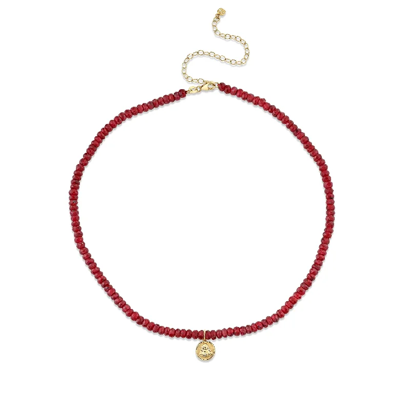 Gold & Diamond Tiny Sitting Buddha Coin on Ruby Bead Choker