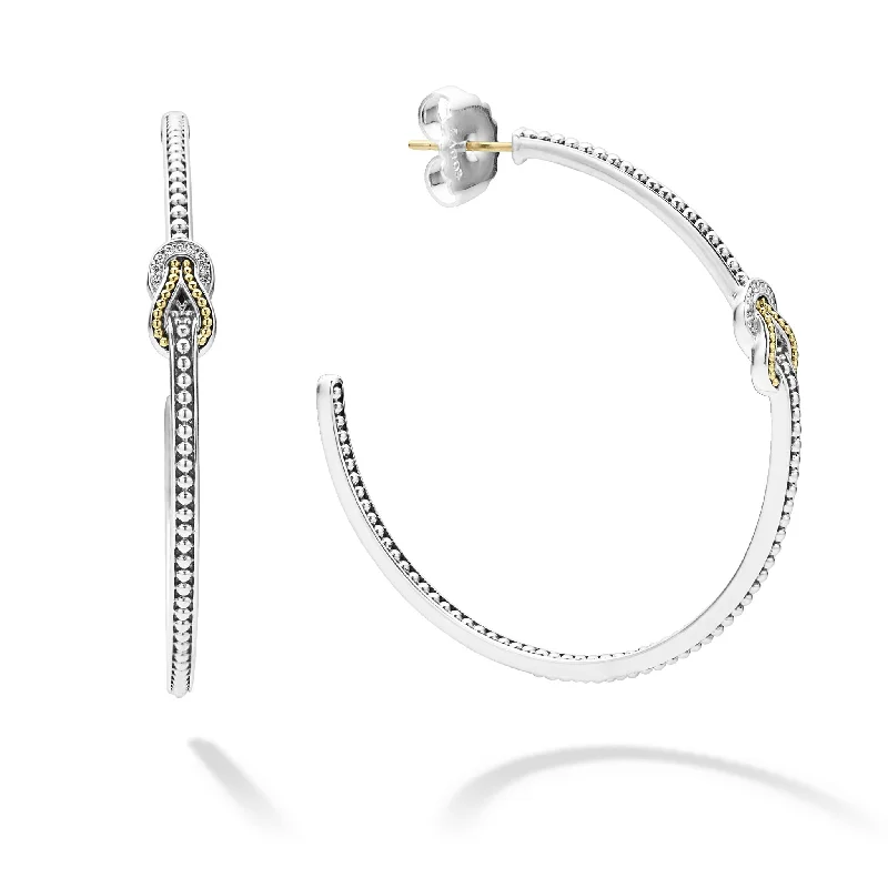 ladies earrings art deco charm -Lagos 18K and Sterling Silver Newport Diamond Knot Hoop Earrings