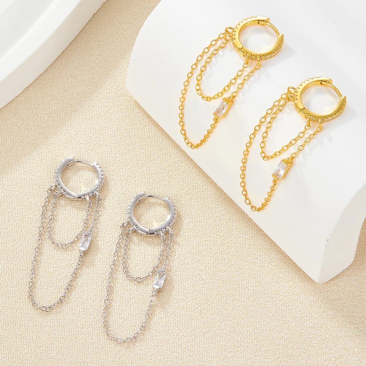 ladies earrings for casual wear -1 Pair Simple Style Commute Solid Color Plating Chain Inlay Sterling Silver Zircon 18k Gold Plated White Gold Plated Earrings