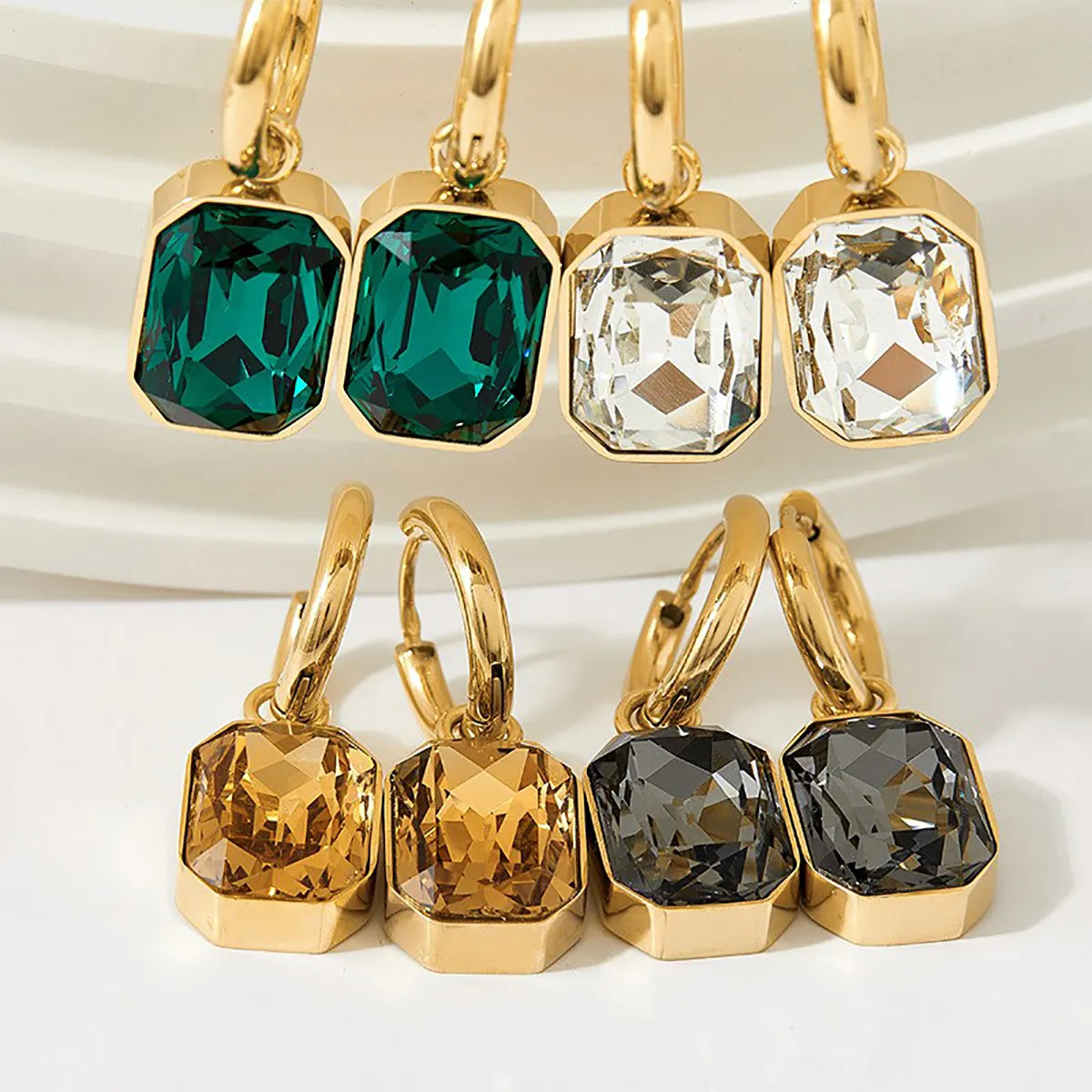 ladies earrings with emerald green -1 Pair Casual Modern Style Cool Style Square Plating 304 Stainless Steel Zircon 16K Gold Plated White Gold Plated Gold Plated Earrings