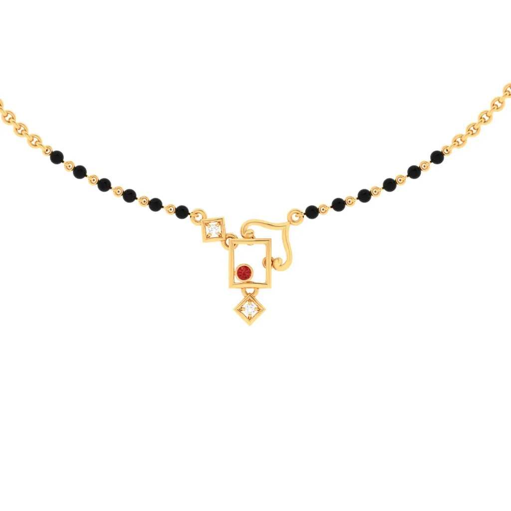 necklaces for birthday gift -18k Square Shaped Diamond Mangalsutra With Red Stone