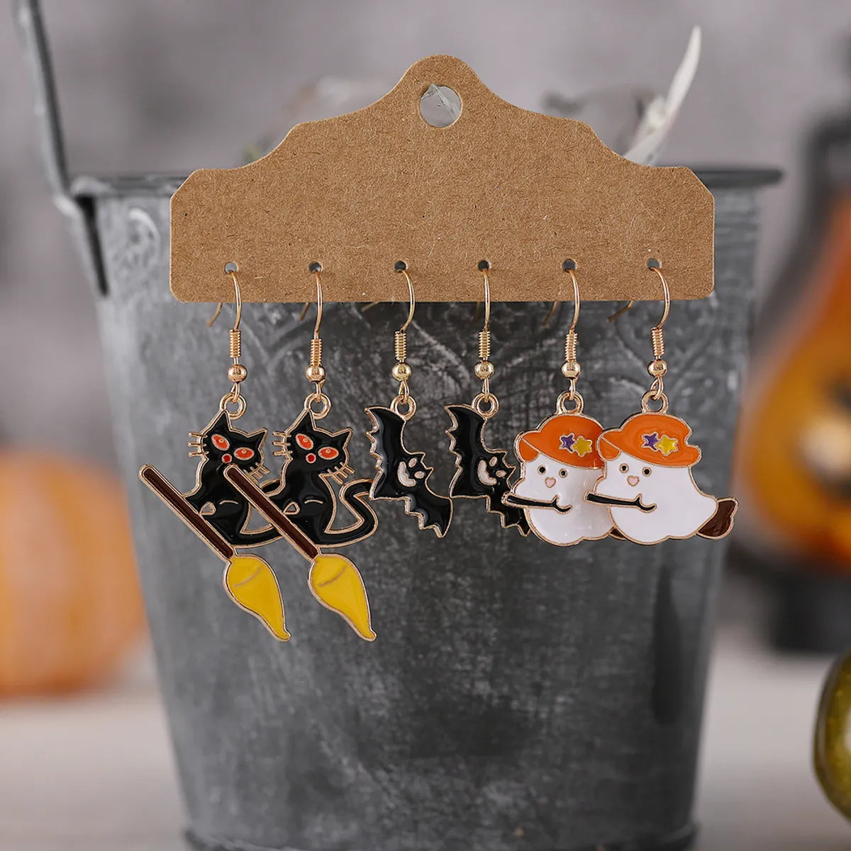 ladies earrings with crystal sparkle -3 Pairs Funny Cat Bat Alloy Drop Earrings