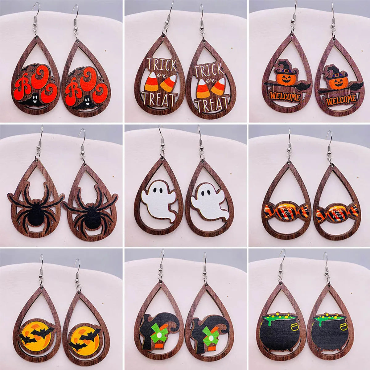 ladies earrings with birthstone charm -1 Pair Retro Funny Pumpkin Water Droplets Spider Hollow Out Wood Drop Earrings