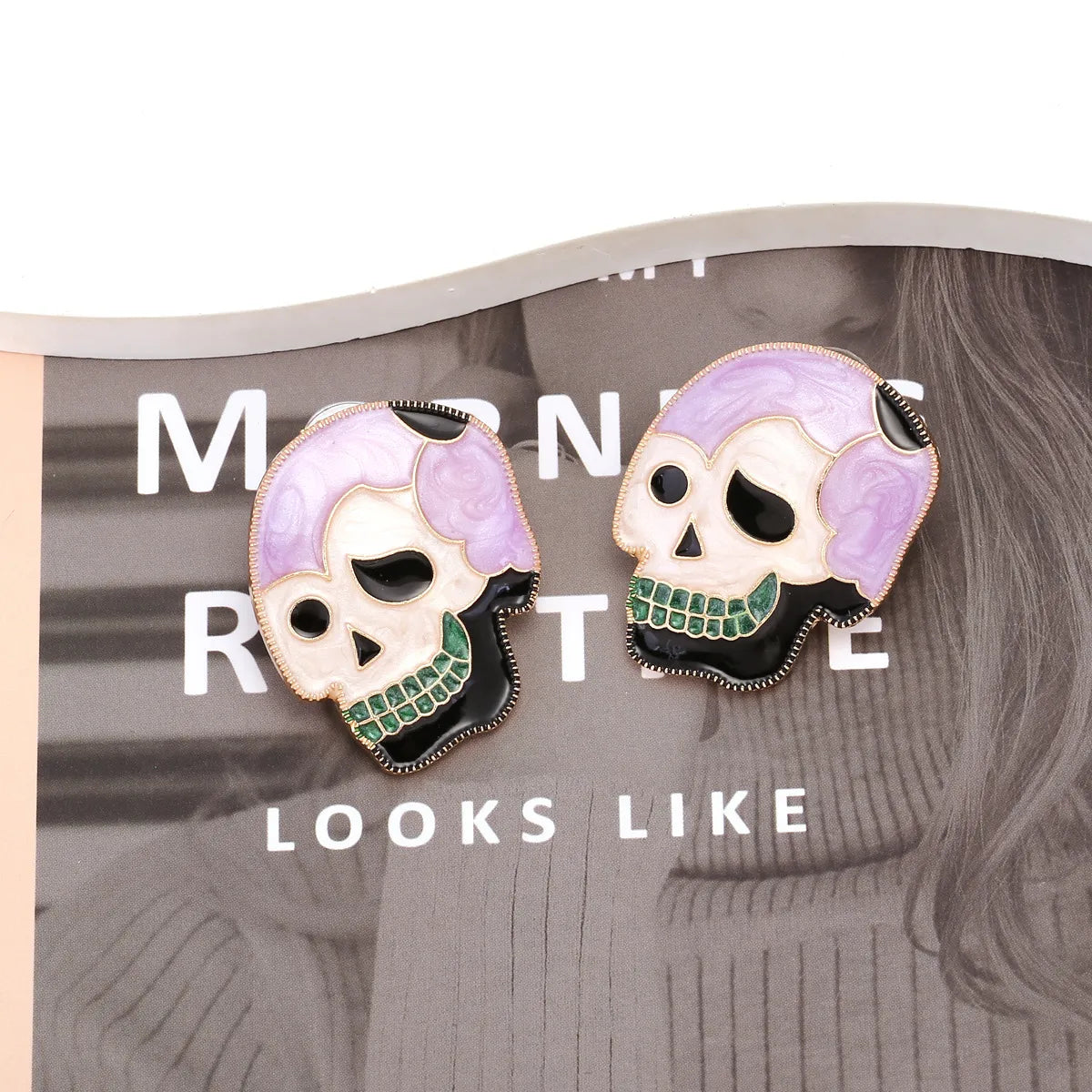 ladies earrings stylish affordable -1 Pair Punk Skull Enamel Alloy Ear Studs