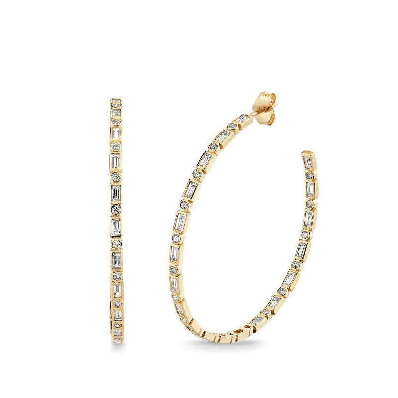 Gold & Diamond Bezel & Baguette Large Hoops