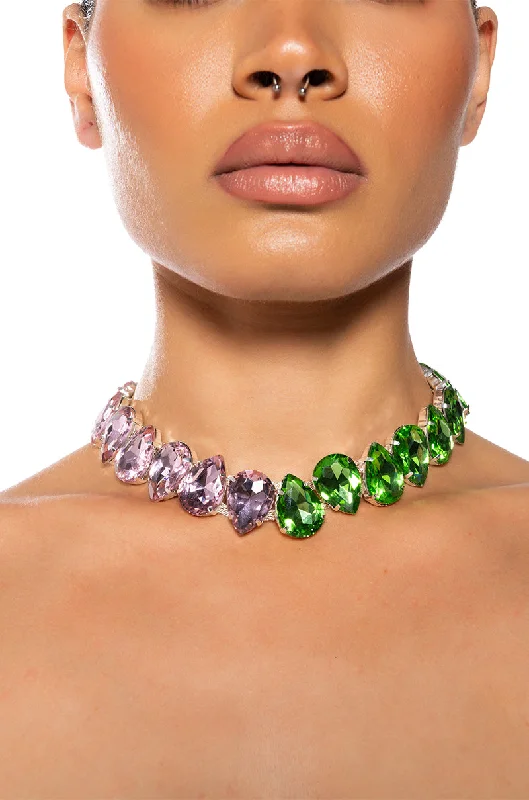 necklaces with zircon sparkle -PRETTY IN PINK N GREEN RHINESTONE NECKLACE