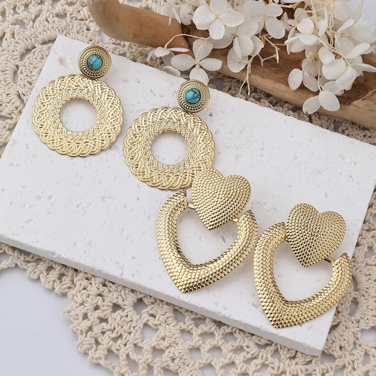 ladies earrings for wedding elegance -1 Pair IG Style Casual Heart Shape Stainless Steel Natural Stone 18K Gold Plated Drop Earrings