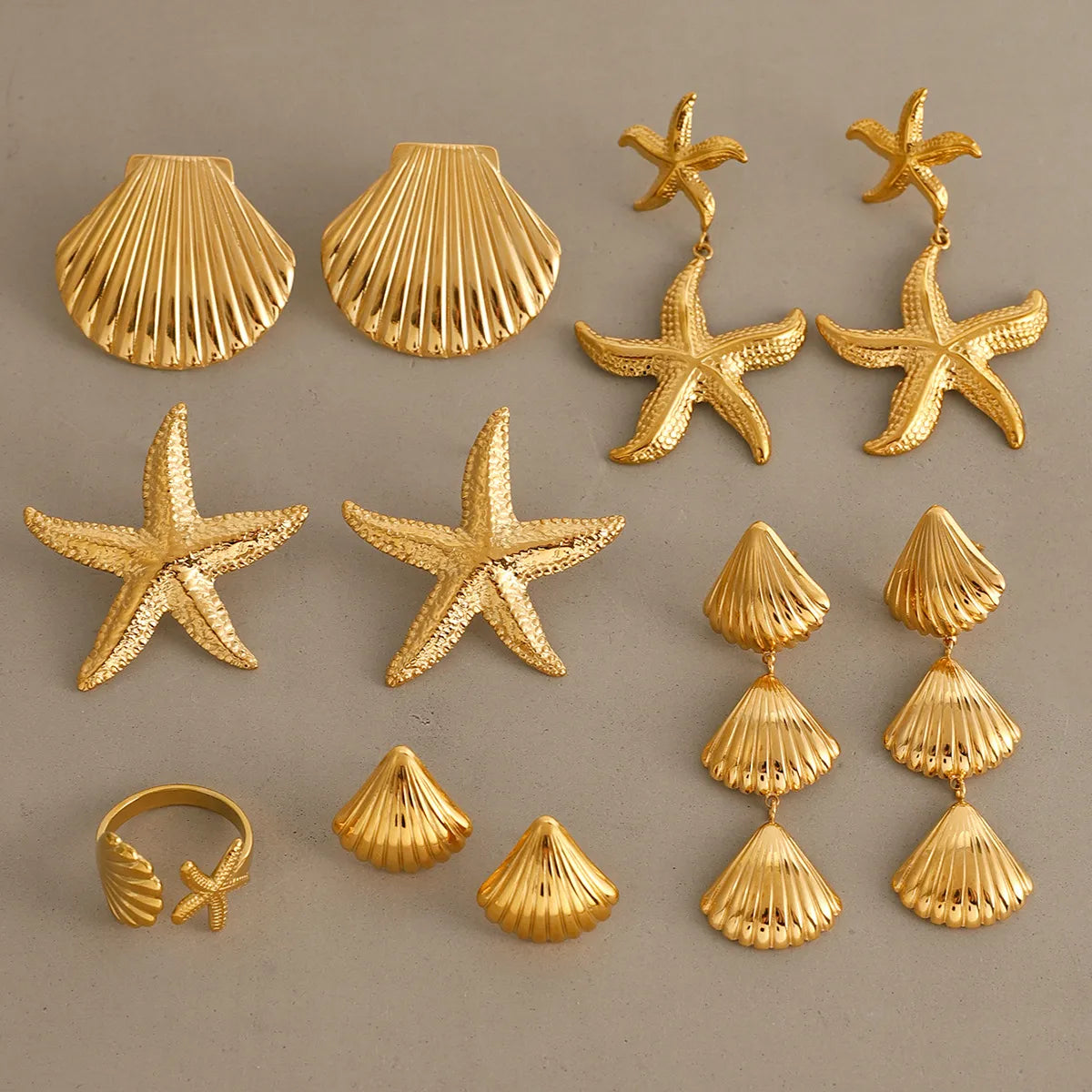 ladies earrings with feather charm -Wholesale Jewelry Casual Beach Classic Style Starfish Shell 304 Stainless Steel 18K Gold Plated Rings Earrings