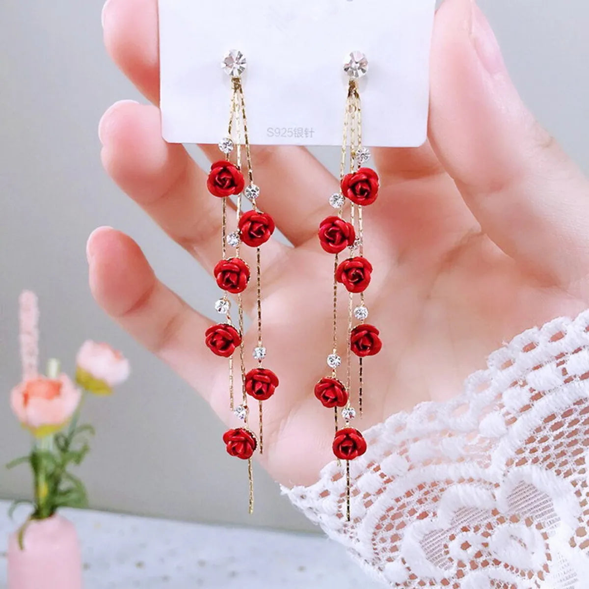 ladies earrings with rose quartz -1 Pair Vintage Style Flower Tassel Plating Inlay Alloy Rhinestones Drop Earrings