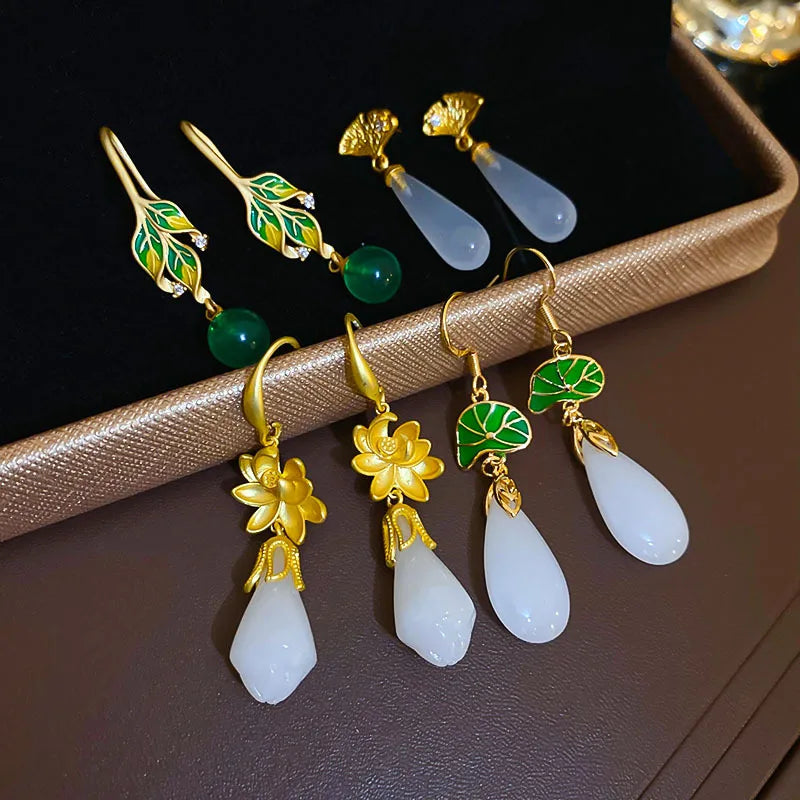 ladies earrings clip on design -1 Pair Elegant Retro Leaves Enamel Plating Inlay Copper Glass White Jade Zircon 14K Gold Plated Drop Earrings